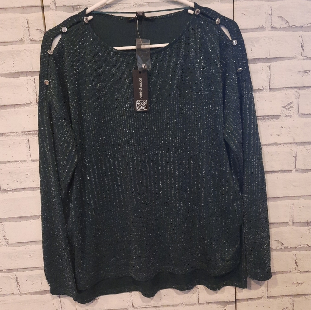 Cable & Gauge Women's Size S Blouse Green Silver Sparkle Rhinestone Shoulder New